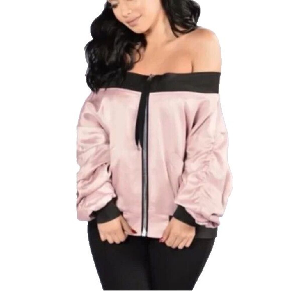 Alpha & Omega Interstellar Bomber Jacket Women Small Pink Satin Off Shoulder - Picture 2 of 16